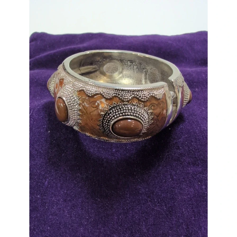 VTG brown enameled & textured silver-tone hinged clamp bracelet Statement Piece